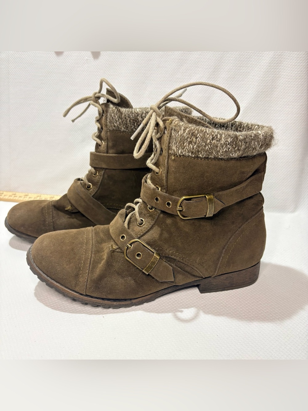 Limelight Olive Brown Lace-Up Suede Ankle Boots with Knit Cuff